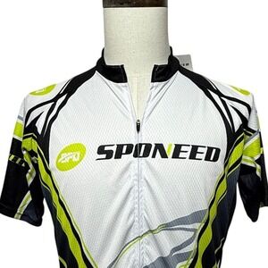 Sponeed Cycling Jesey Men Large White Black Green Short Sleeve Full Zip Shirt